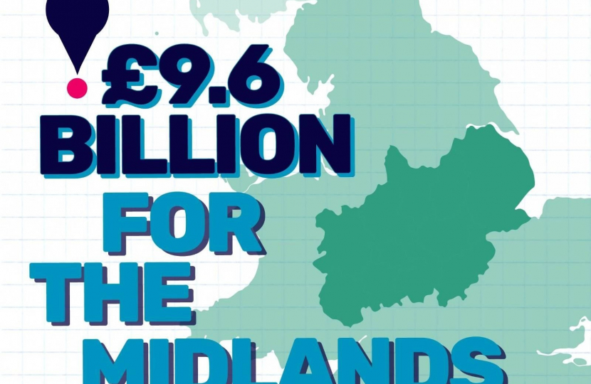 Graphic reading "£9.6 billion for the Midlands" with a map of the region behind