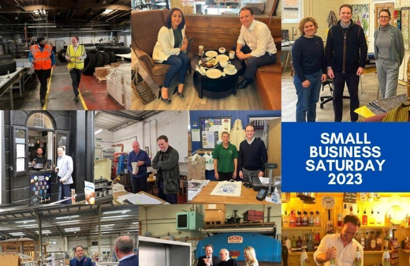 Graphic showing Gareth Davies MP at local businesses reading "Small Business Saturday 2023"