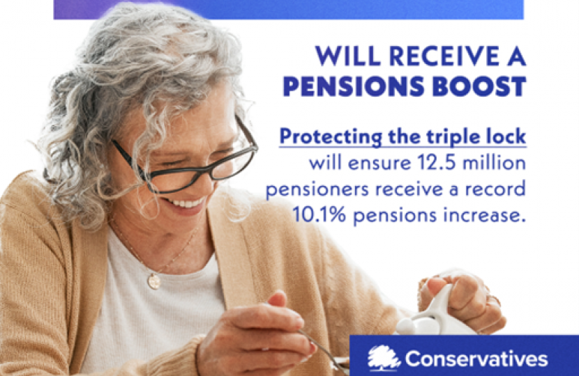 Pensioner with a text background summarising the state pension increase