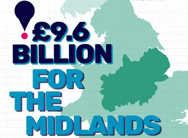 Graphic reading "£9.6 billion for the Midlands" with a map of the region behind