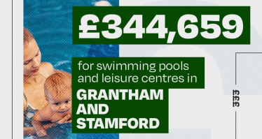 Graphic with pool as background - reading £344,659 for swimming pools and leisure centres in Grantham and Stamford
